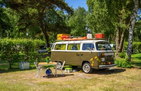 Vacation with camping bus Stock Photos