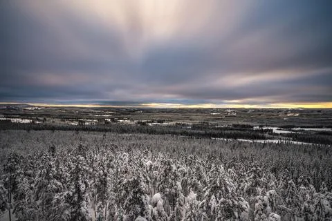 A vacation cloudscape of dramatic evening sky and snow covered pine trees Stock Photos