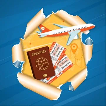 Vacation Concept Aircraft through Torn Hole in Paper Stock Illustration