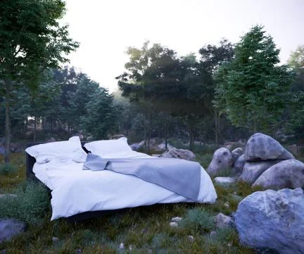 Vacation concept background with bed and evening forest photo Stock Photos