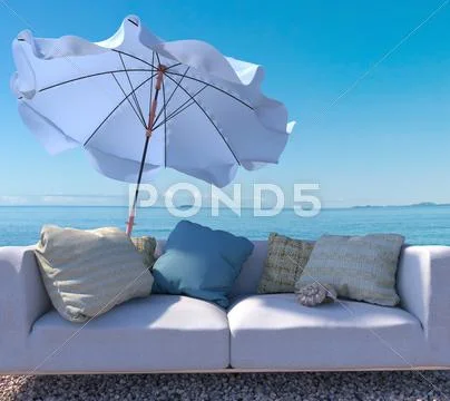 Vacation concept background with interior elements and seashell Stock Photos