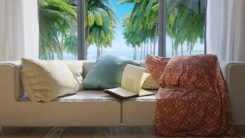 Vacation concept background with interior elements,palms and open book Foto stock