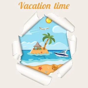 Vacation Concept Island through Torn Hole in Paper Stock Illustration