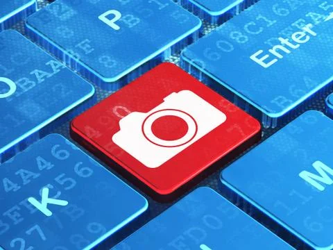 Vacation concept: Photo Camera on computer keyboard background Illustrazione stock