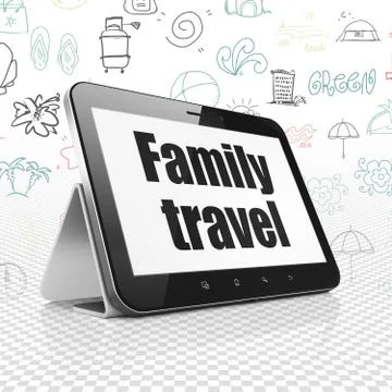 Vacation concept: Tablet Computer with Family Travel on display Illustrazione stock
