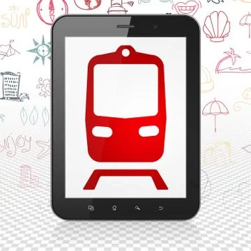 Vacation concept: Tablet Computer with Train on display Illustrazione stock