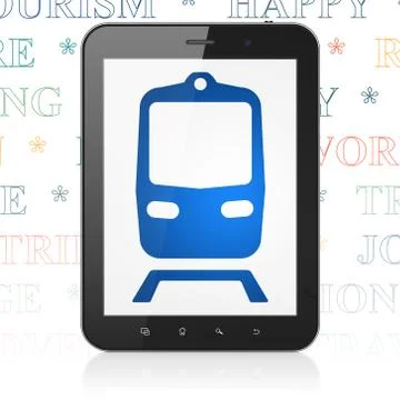 Vacation concept: Tablet Computer with Train on display Illustrazione stock