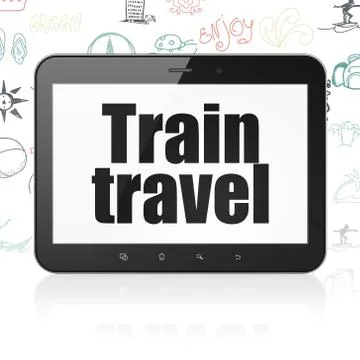 Vacation concept: Tablet Computer with Train Travel on display Illustrazione stock