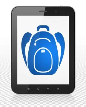 Vacation concept: Tablet Pc Computer with Backpack on display Illustrazione stock