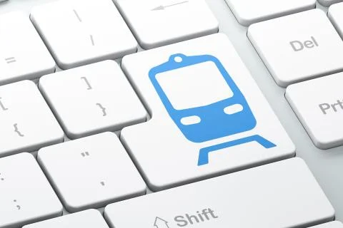 Vacation concept: Train on computer keyboard background Illustrazione stock