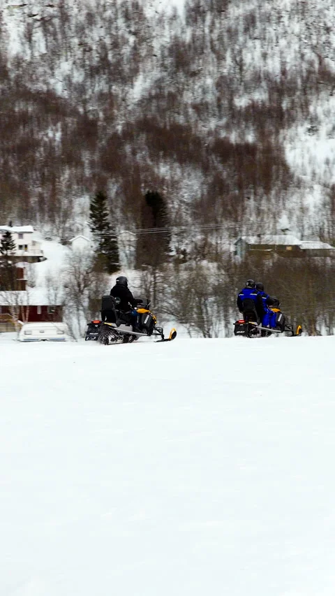 Vacation Excursion, Snowmobile Vehicles, Arctic Landscape Trail, Aerial Stock Footage 345263361