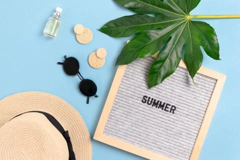 Vacation flat lay composition. Women's accessories, Stock Photos