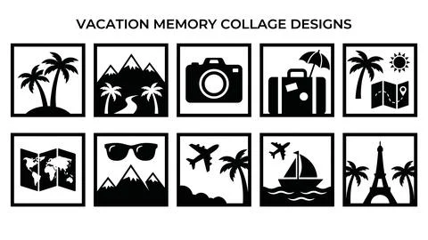 Vacation memory photo frames with travel silhouette icons. Stockillustratie