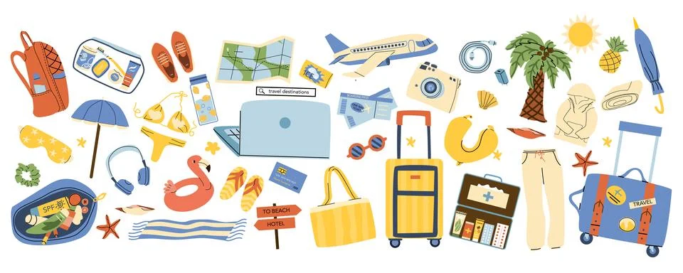 Vacation plane elements for tropical vibe in cartoon flat style. Travel by plane Stockillustratie