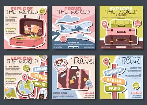 Vacation Planning Poster Collection With Packed Baggage, Flying Plane, Globe  스톡 일러스트