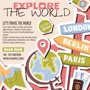 Vacation Planning Poster With Passport, Map And Destination Arrows. Modern Co Stock Illustration