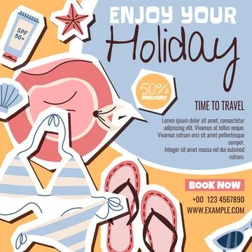 Vacation Planning Poster With Starfish, Seashell And Discount Badge. Trendy.. Stock Illustration