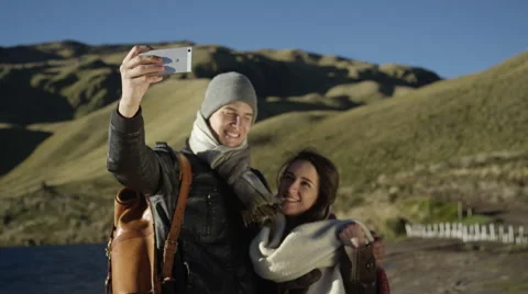 Vacation selfie - couple having fun in mountains Stock Footage 67863513