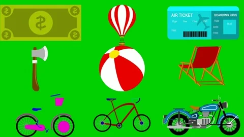 Vacation stuff on green screen featuring cash balloon ticket axe ball chair Stock Footage 334704254