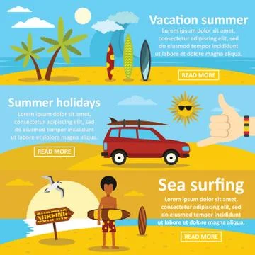 Vacation summer banner horizontal set, flat style Illustrazione stock