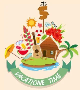 Vacation theme with cabin and beach objects Stock Illustration