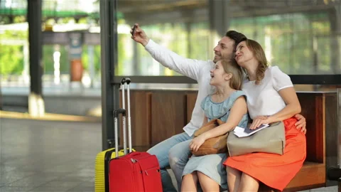 Vacation Time Rocks. Smiling Beautiful Family Taking Selfie With Smartphone Stock Footage 111143876
