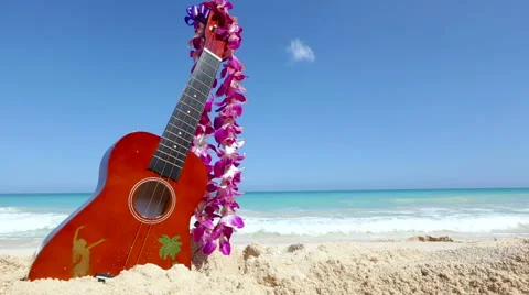 Vacation travel concept with ukulele and lei on tropical beach Oahu Hawaii Stock Footage 62905798
