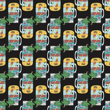 Vacation travel seamless pattern with beach scene inside the cup labels badges Stockillustratie