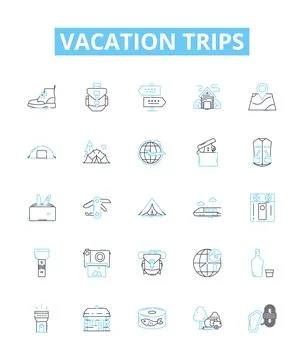 Vacation trips vector line icons set. Tours, Holidays, Travel, Cruises, Outings Stock Illustration