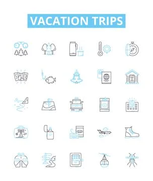Vacation trips vector line icons set. Tours, Holidays, Travel, Cruises, Outings Stock Illustration