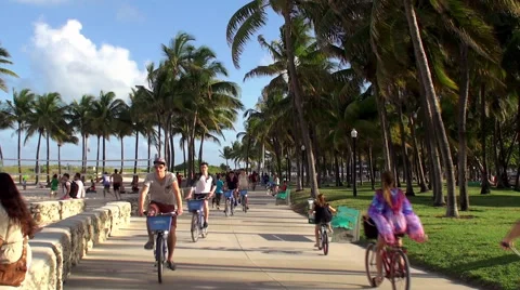 Vacationers people in the Lummus Park Boardwalk of Miami Beach. Stock Footage