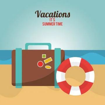 Vacations summer time suitcase and lifebuoy beach イラスト素材