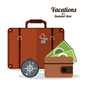 Vacations summer time - suitcase wallet and compass Stock Illustration