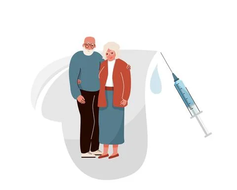 Vaccinate elderly vector background. Old couple hugging and smiling in heart Stock Illustration