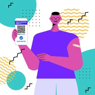 Vaccinated man using digital immunity passport on smartphone screen risk free Illustrazione stock