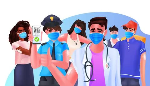 Vaccinated people using digital immunity passport with qr code on smartphone イラスト素材
