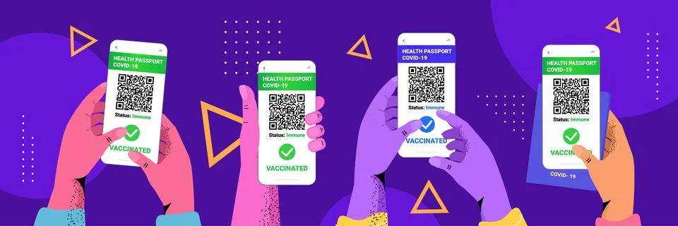Vaccinated persons using digital immunity passport on smartphone screens risk Stock Illustration