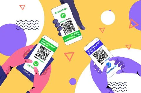Vaccinated persons using digital immunity passport on smartphone screens risk イラスト素材