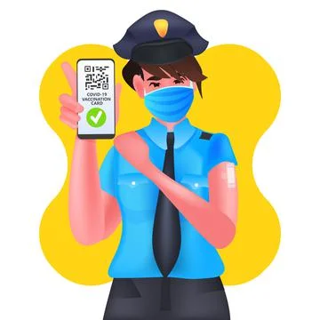 Vaccinated policewoman using digital immunity passport with qr code on Stock Illustration