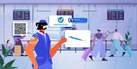 Vaccinated stewardess using digital immunity passport with qr code successful Illustrazione stock