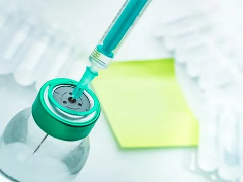 Vaccination and immunization concept. Close up shot on the vial with syringe, Stock Photos