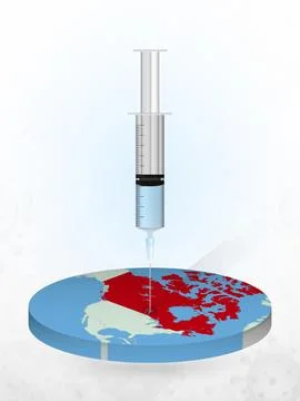 Vaccination of Canada, injection of a syringe into a map of Canada. Stock Illustration