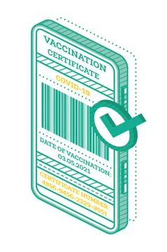 Vaccination Certificate on Screen of Smartphone with Barcode. Isometric Inter Stock Illustration