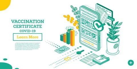 Vaccination Certificate on Screen of Smartphone. Isometric International Cert Stock Illustration