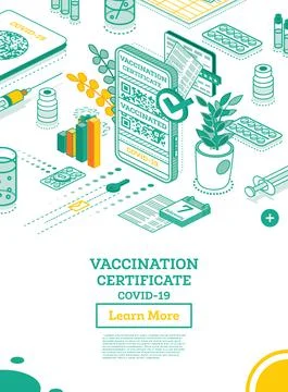 Vaccination Certificate on Screen of Smartphone. Isometric International Cert Illustrazione stock