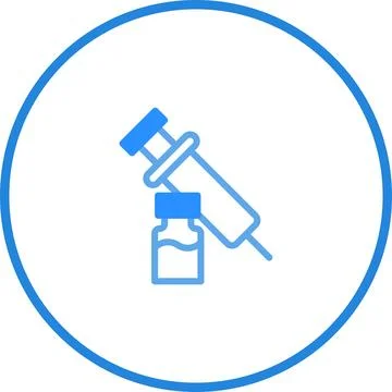Vaccination concept image featuring a syringe and vial within a blue circle Stock Illustration