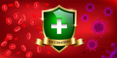 Vaccination horizontal design template. Viruses and blood separated by green Stock Illustration
