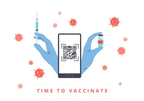 Vaccination, registration of a QR code. Hands in medical gloves with syringe and イラスト素材