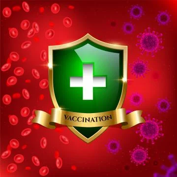 Vaccination square design template. Viruses and blood separated by green glass Stock Illustration