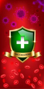 Vaccination vertical design template. Viruses and blood separated by green glass Stock Illustration